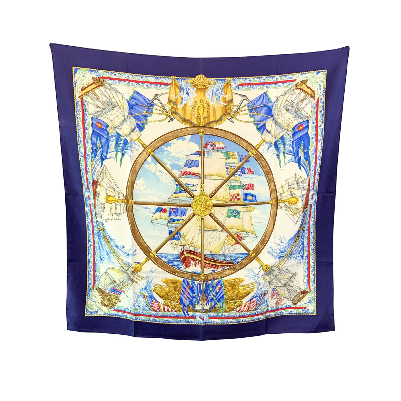 Hermes Vintage Blue Silk Scarf Vive le Vent 1992 Toutsy Bourthoumieux