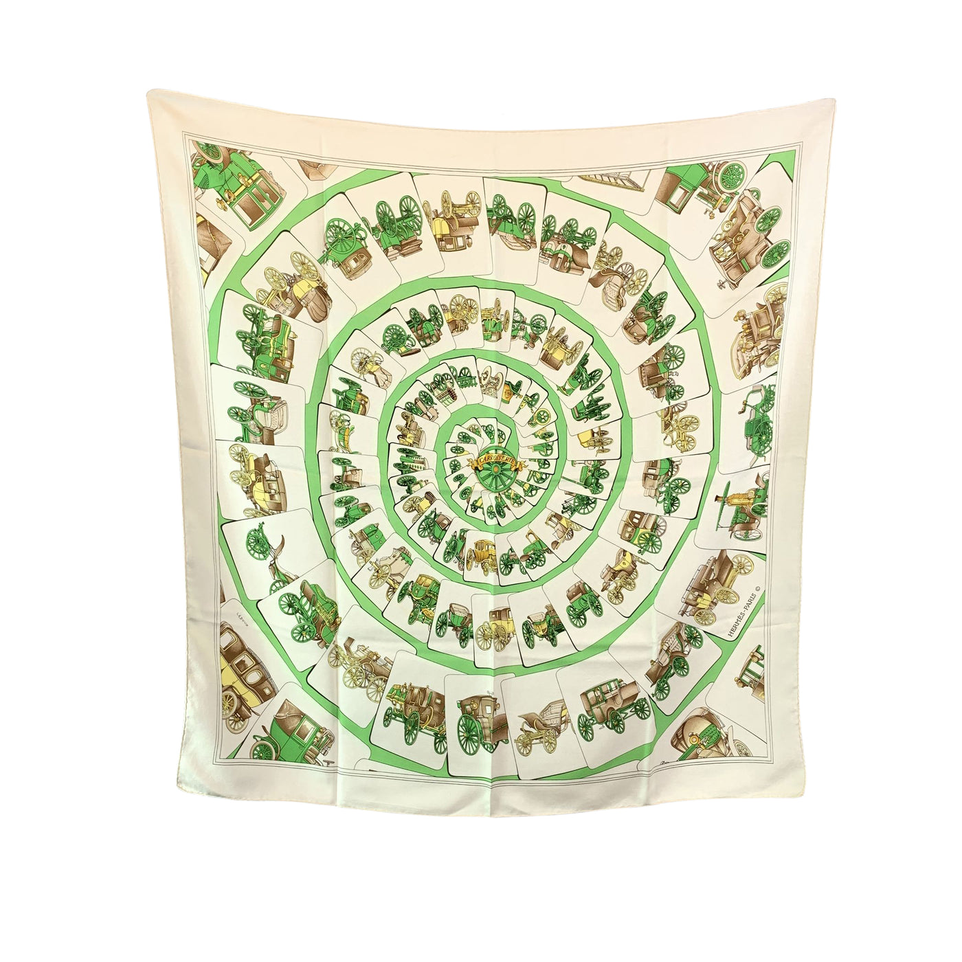 Hermes Vintage White Green Silk Scarf Carrosserie1975 Ledoux