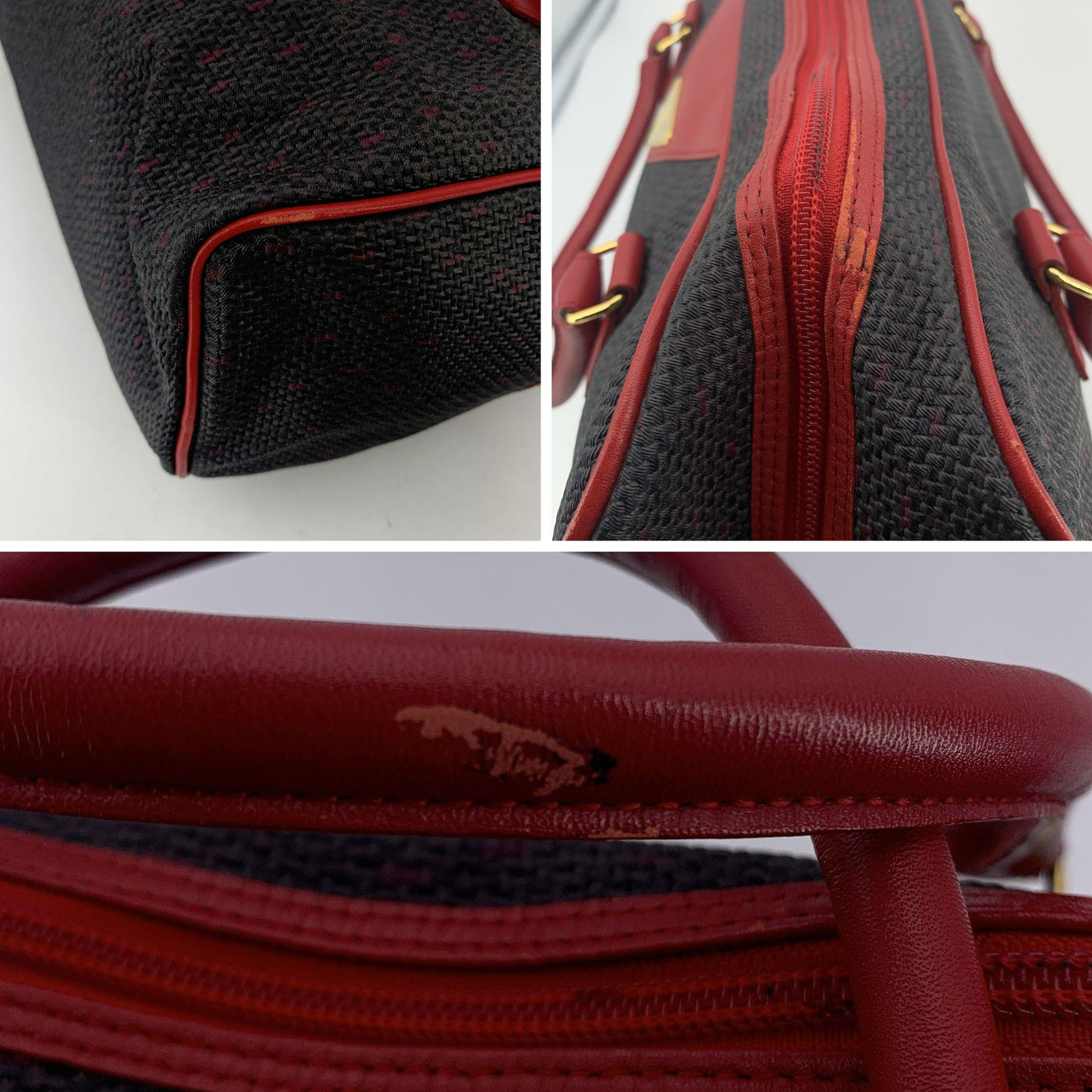 Yves Saint Laurent Grey and Red Textured Vinyl Canvas Satchel Bag