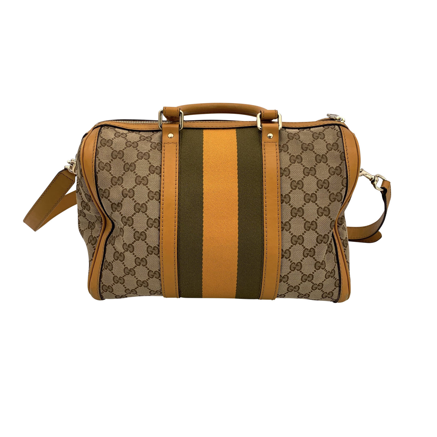 Gucci Beige Monogram Yellow Web Stripes Boston Bag with Strap