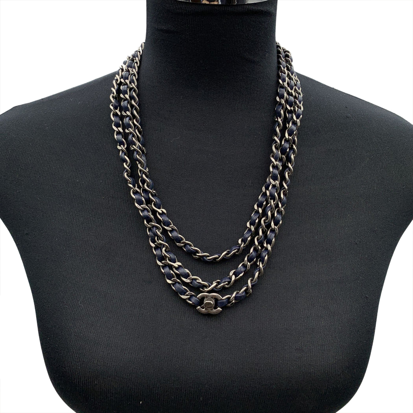 Chanel Gunmetal Blue Leather Chain Long Necklace CC Turnlock Logo