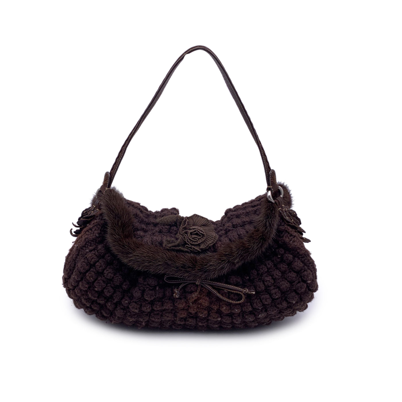 Ermanno Scervino Brown Wool Knit Tote Shoulder Bag Handbag