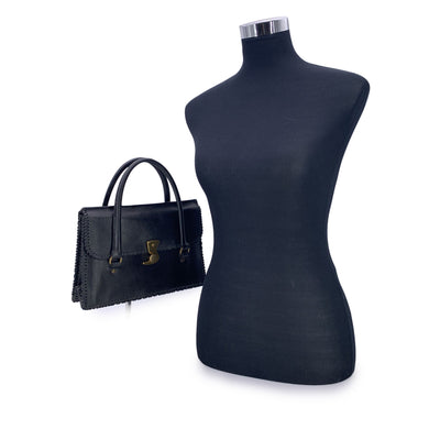 Gucci Black Leather Hook Closure Whipstitched Satchel Handbag