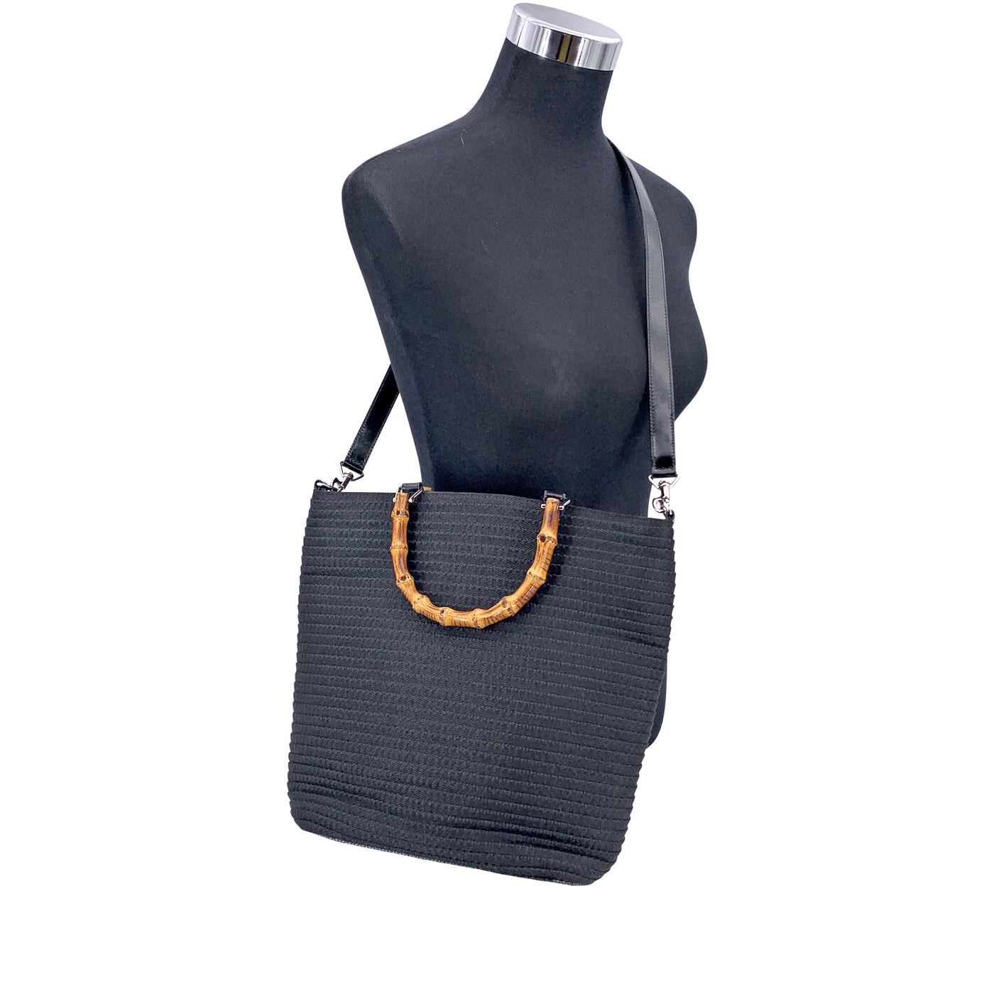 Gucci Vintage Black Stitching Canvas Bamboo 2 Way Tote Bag