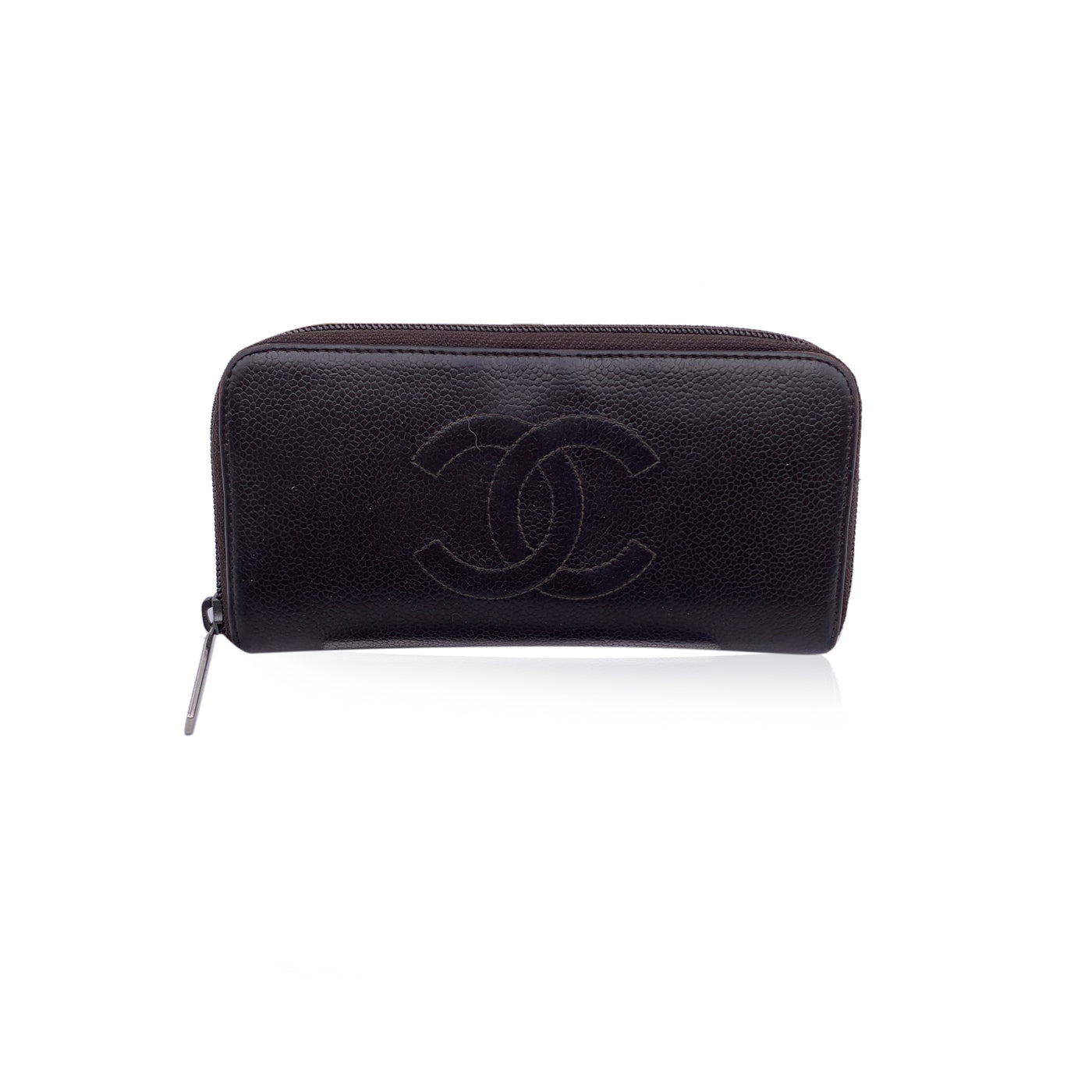 Chanel Brown Caviar Timeless CC Logo Long Zip Wallet with Defects