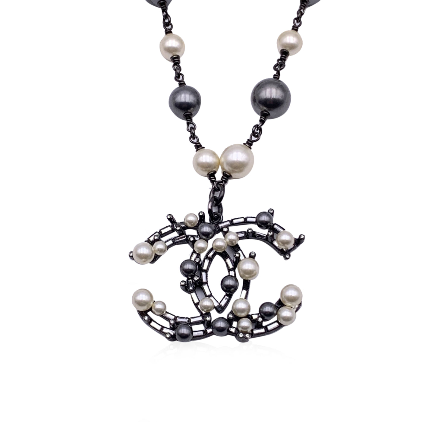 Chanel Ruthenium Metal Pearl Baguette Crystal CC Pendant Necklace