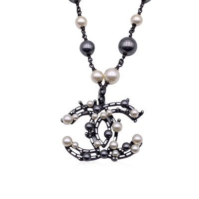 Chanel Ruthenium Metal Pearl Baguette Crystal CC Pendant Necklace