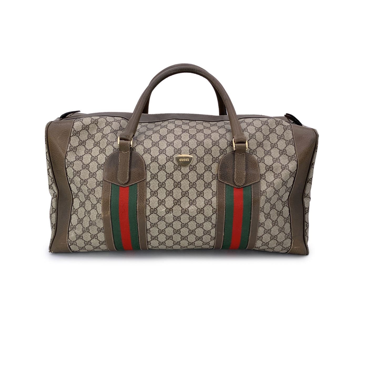 Gucci Vintage Beige GG Monogram Canvas Web Duffle Travel Bag