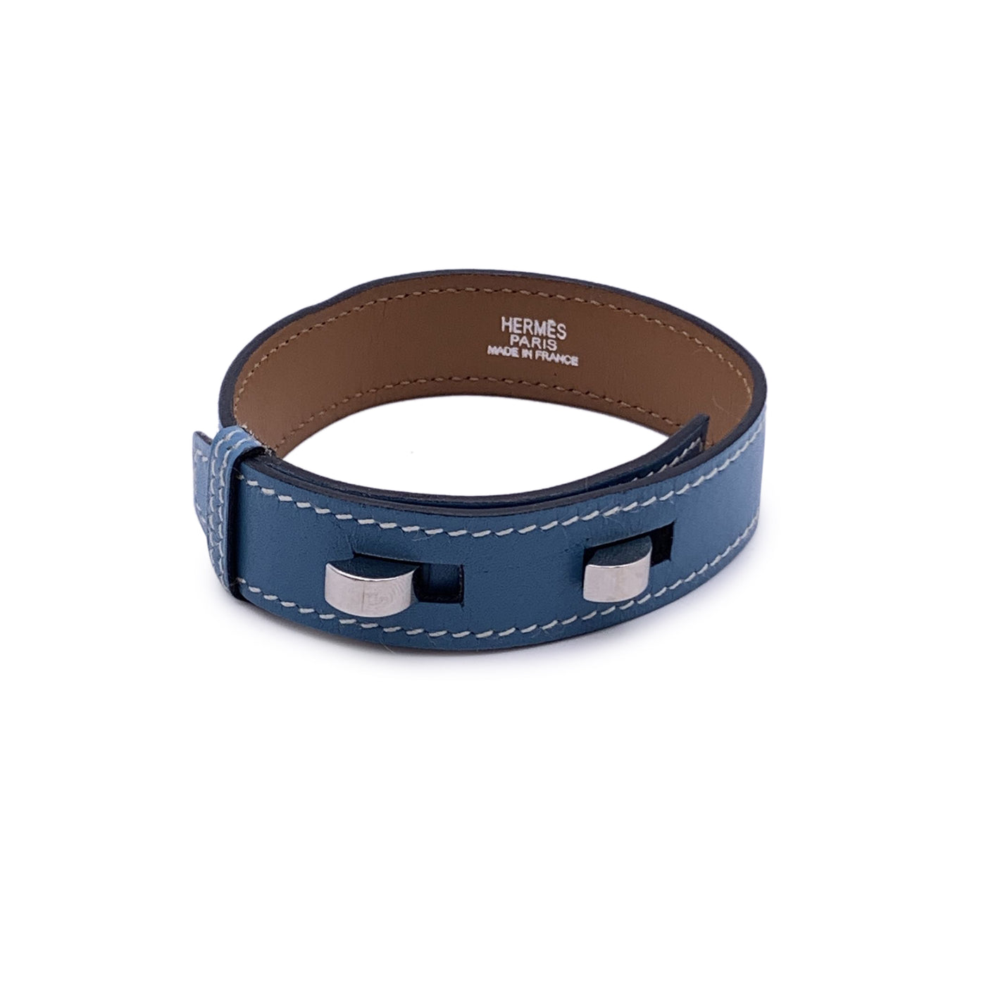 Hermes Paris Light Blue Leather Belt Bracelet Silver Metal Hardware