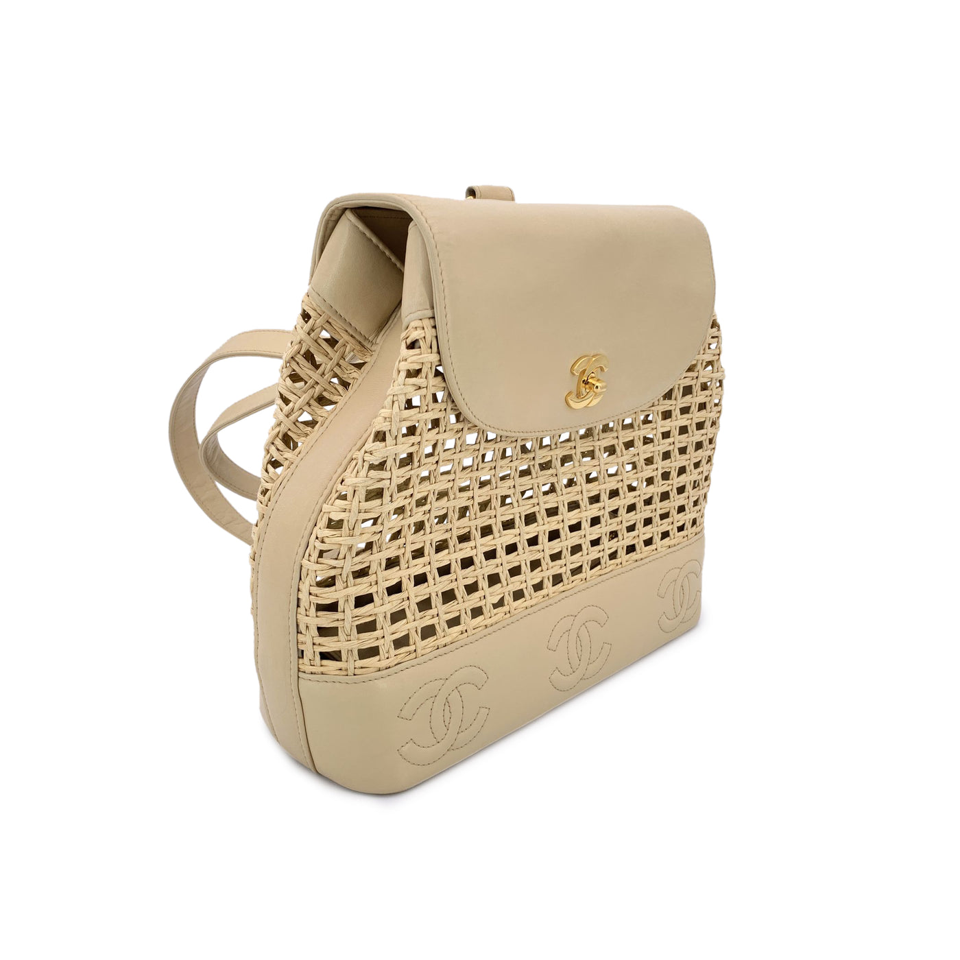 Chanel Vintage Beige Leather and Straw Backpack Shoulder Bag
