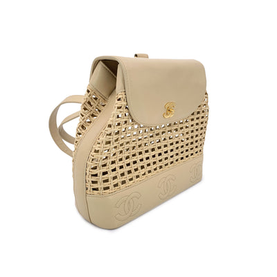 Chanel Vintage Beige Leather and Straw Backpack Shoulder Bag