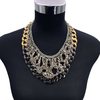 Chanel Gunmetal and Gold Metal Chain GreyTweed Bib Necklace