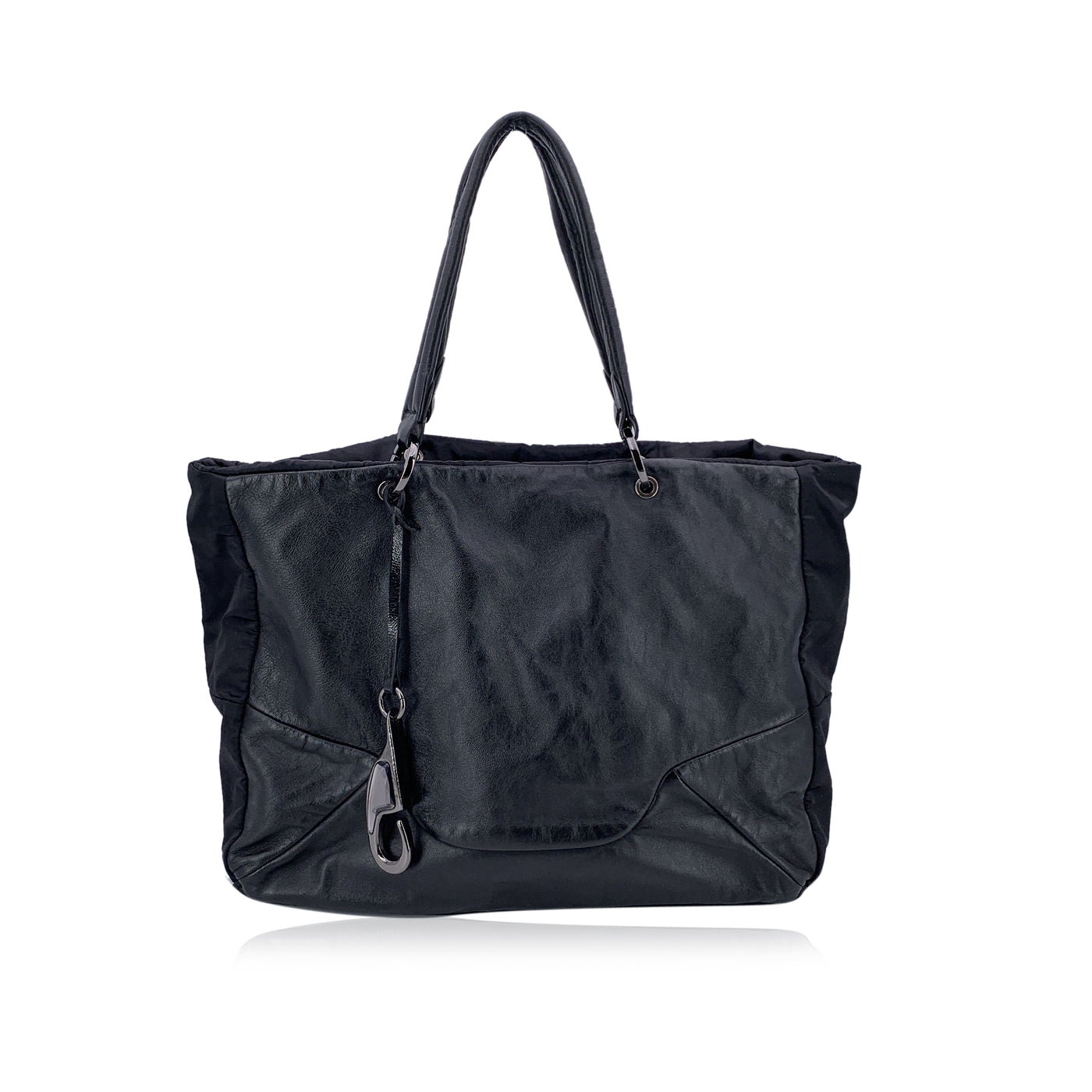 Fay Black Soft Leather and Nylon Canvas Tote Shoulder Bag