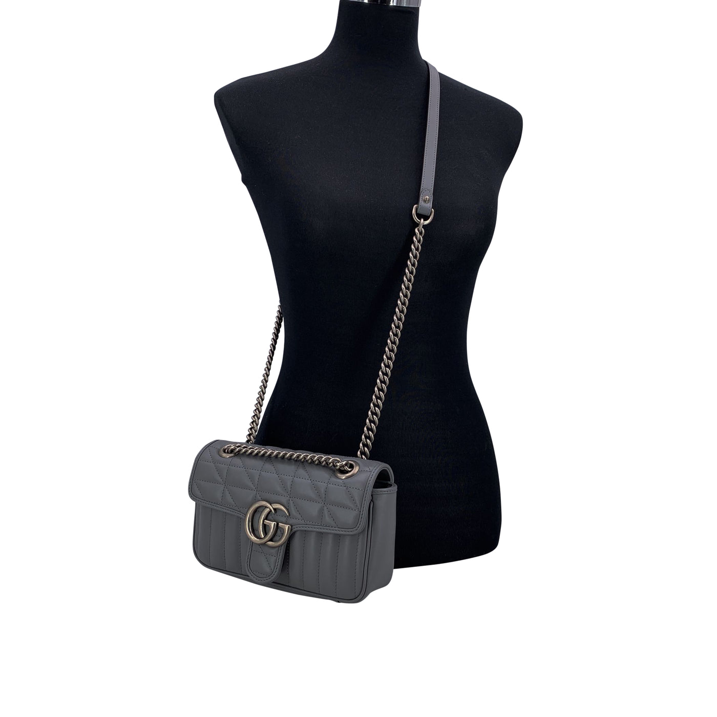 Gucci Grey Quilted Leather Mini GG Marmont Matelassè Crossbody Bag