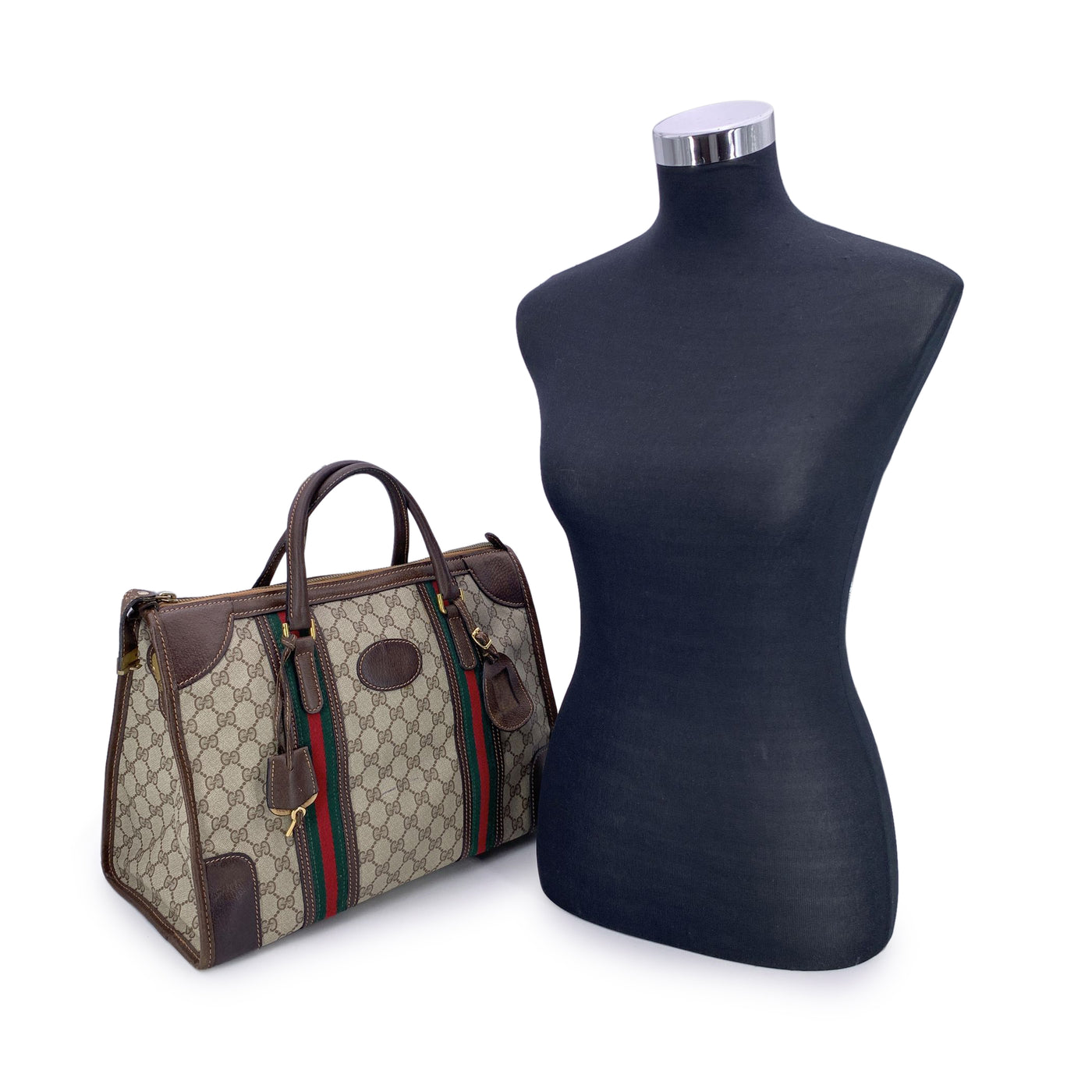 Gucci Vintage Brown Monogram Canvas Satchel Bag with Stripes