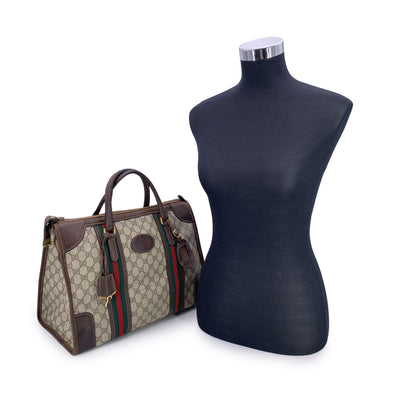 Gucci Vintage Brown Monogram Canvas Satchel Bag with Stripes