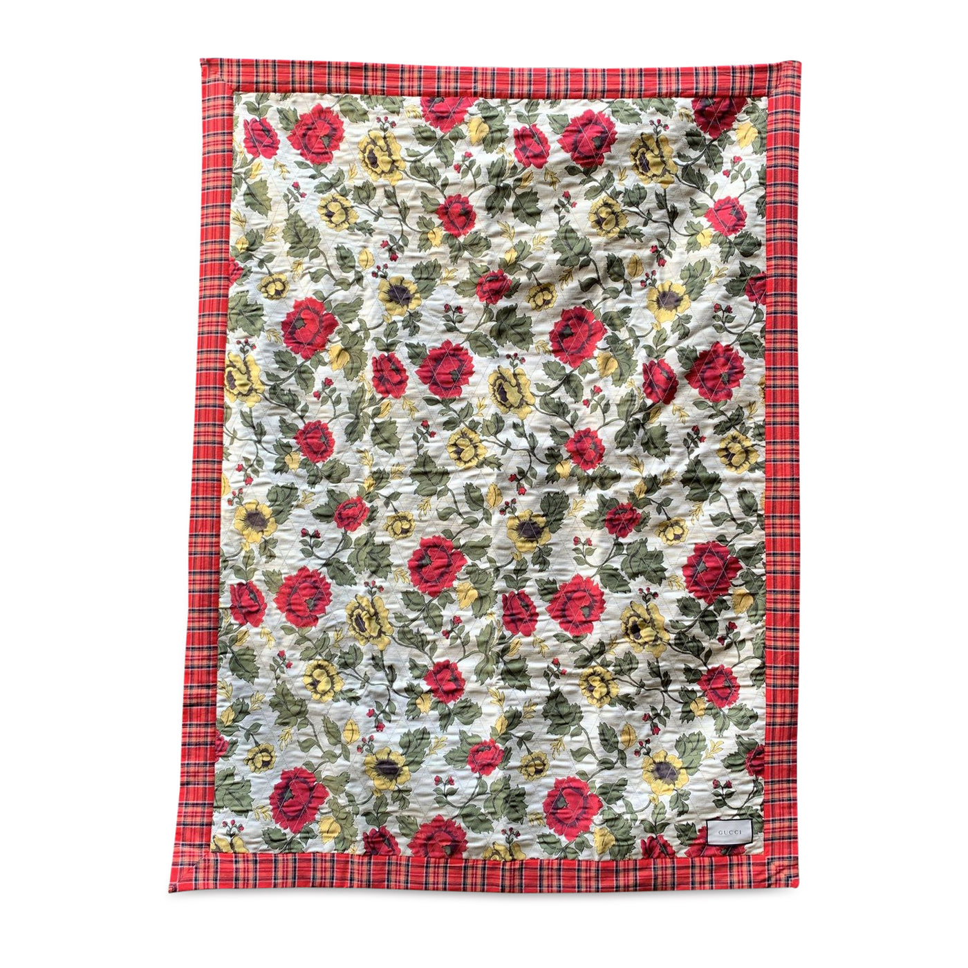 Gucci Home Beige Red Tartan Check and Floral Print Quilted Blanket