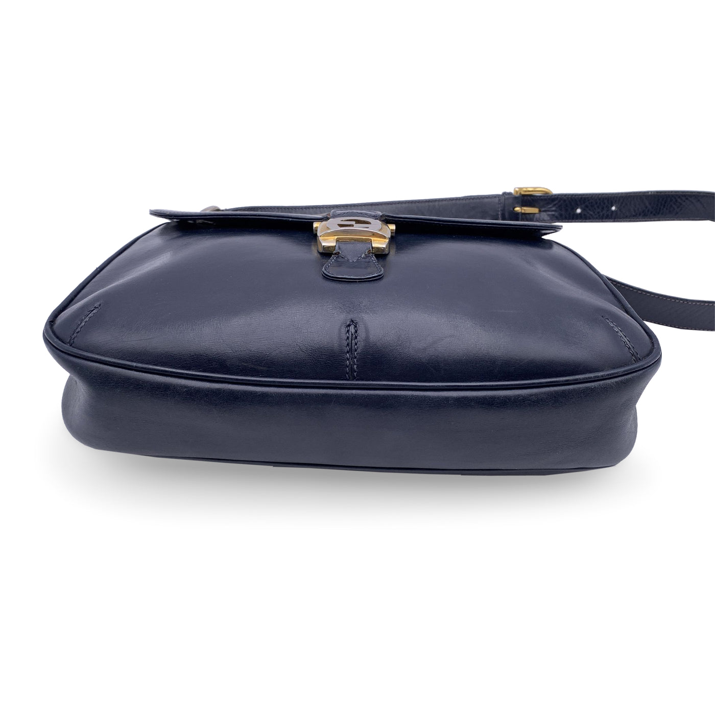 Gucci Vintage Navy Blue Leather Bamboo Flap Shoulder Bag