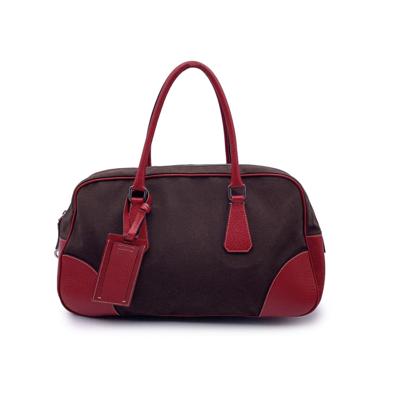 Prada Vintage Brown and Red Leather Bowling Bag Satchel B10804