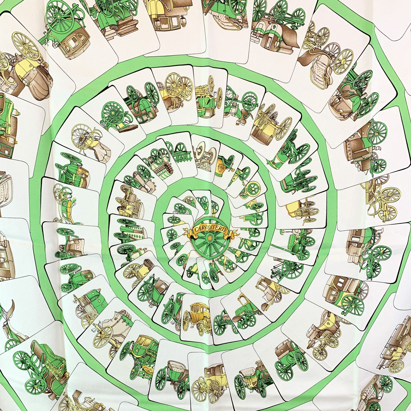 Hermes Vintage White Green Silk Scarf Carrosserie1975 Ledoux