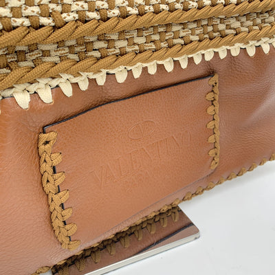 Valentino Garavani Rockstud Brown Leather and Crochet Tote Bag