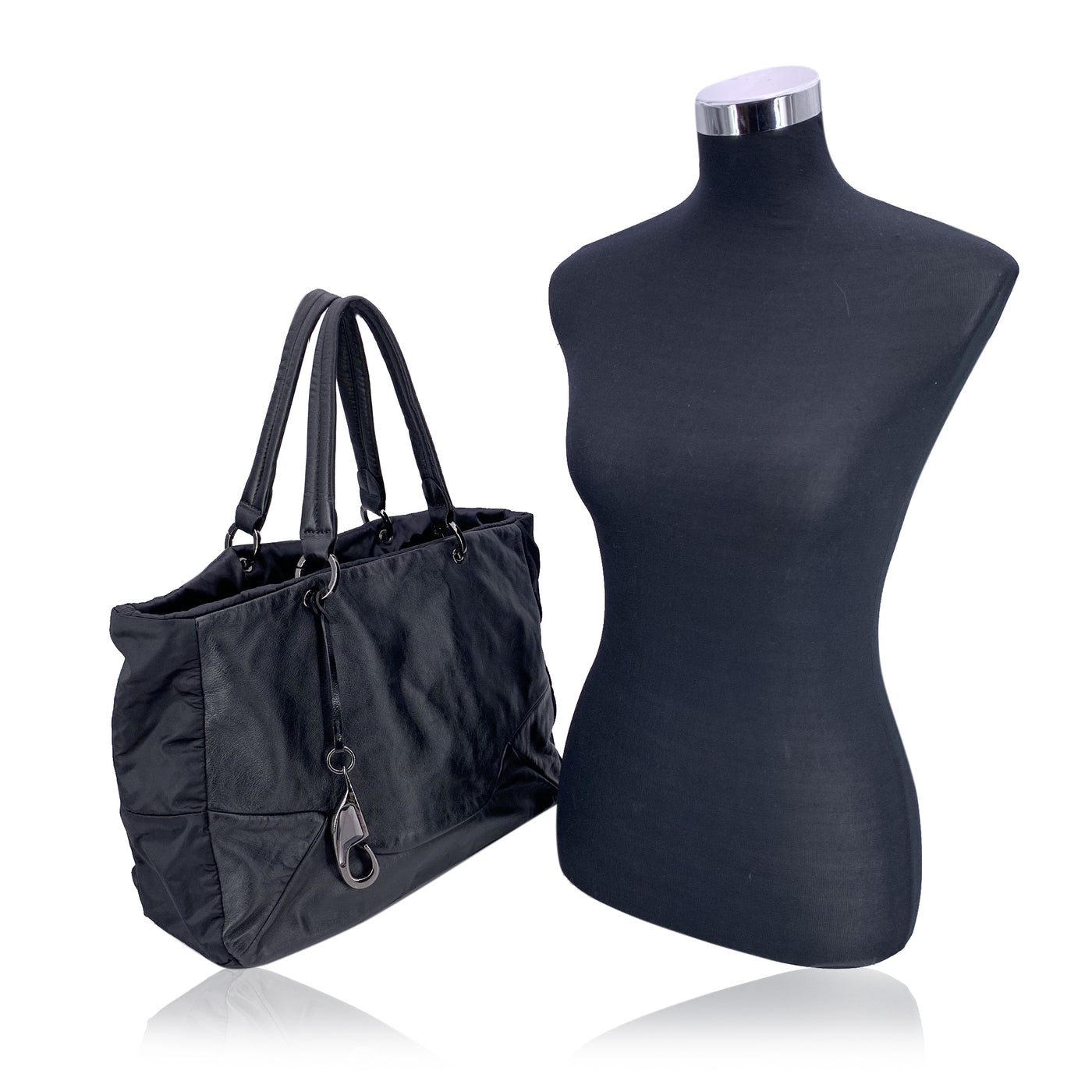 Fay Black Soft Leather and Nylon Canvas Tote Shoulder Bag