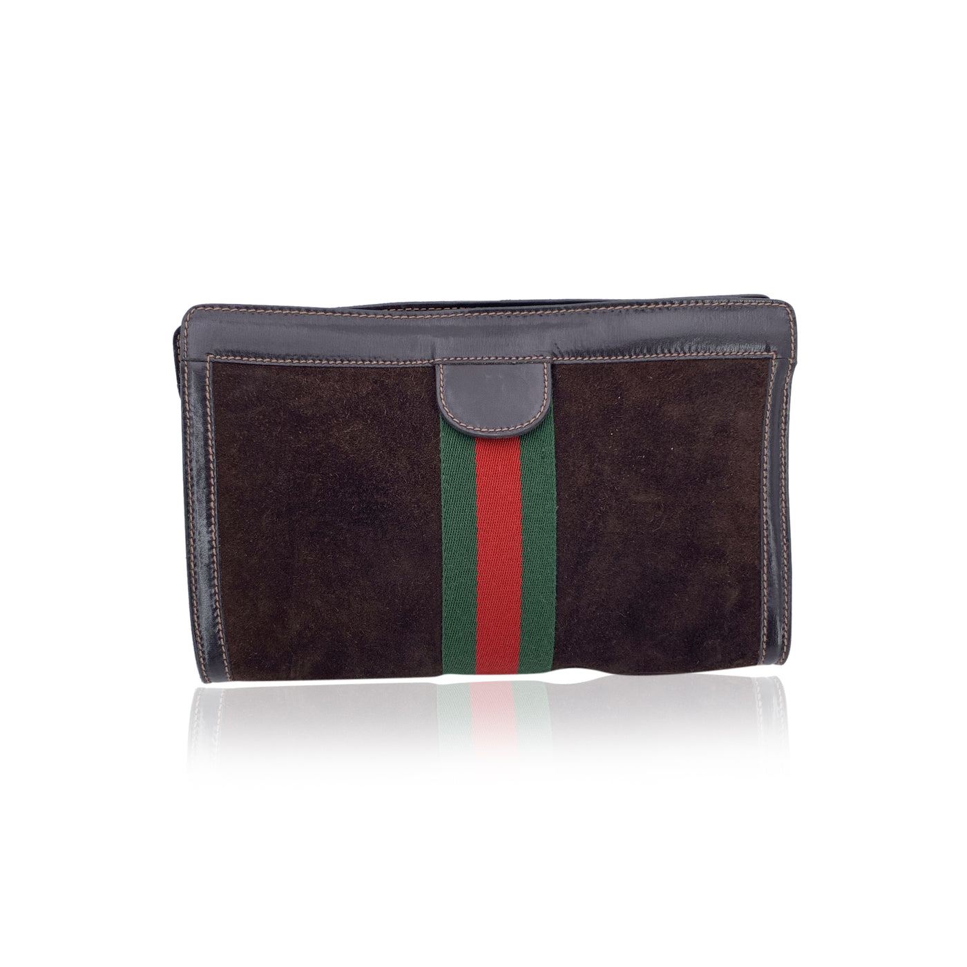 Gucci Vintage Brown Suede Cosmetic Bag Clutch Web with Stripes
