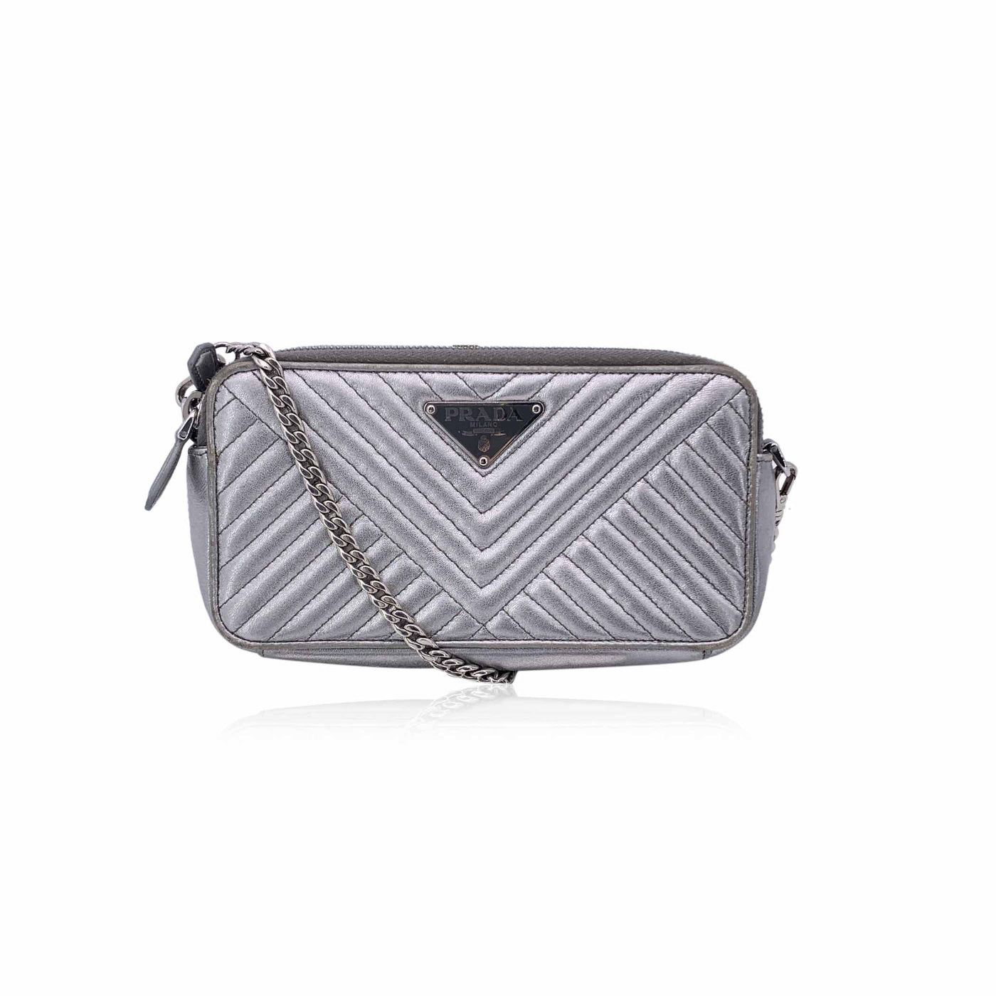 Prada Silver Metal Quilted Leather Diagramme Wallet on Chain Bag