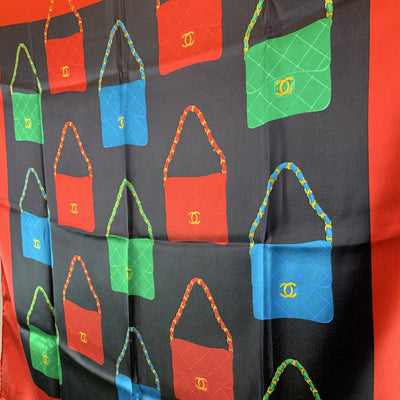 Chanel Vintage Red Silk Scarf Classic Matelasse Flap Bag Print