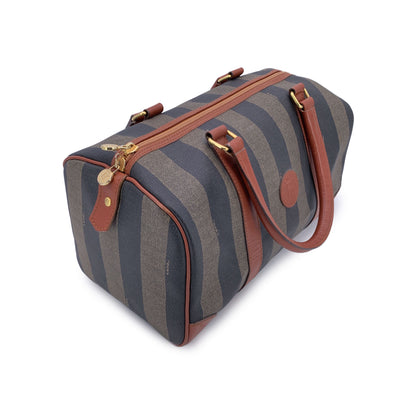 Fendi Vintage Pequin Striped Canvas Brown Leather Boston Bag
