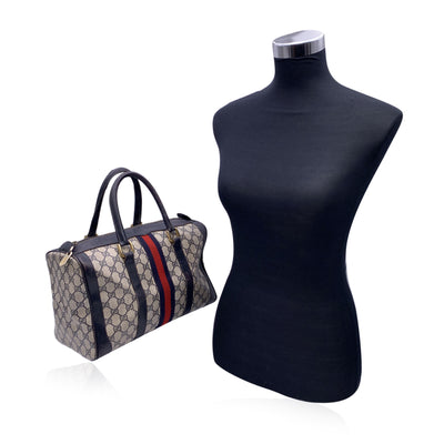 Gucci Vintage Blue Monogram Canvas and Leather Web Boston Bag