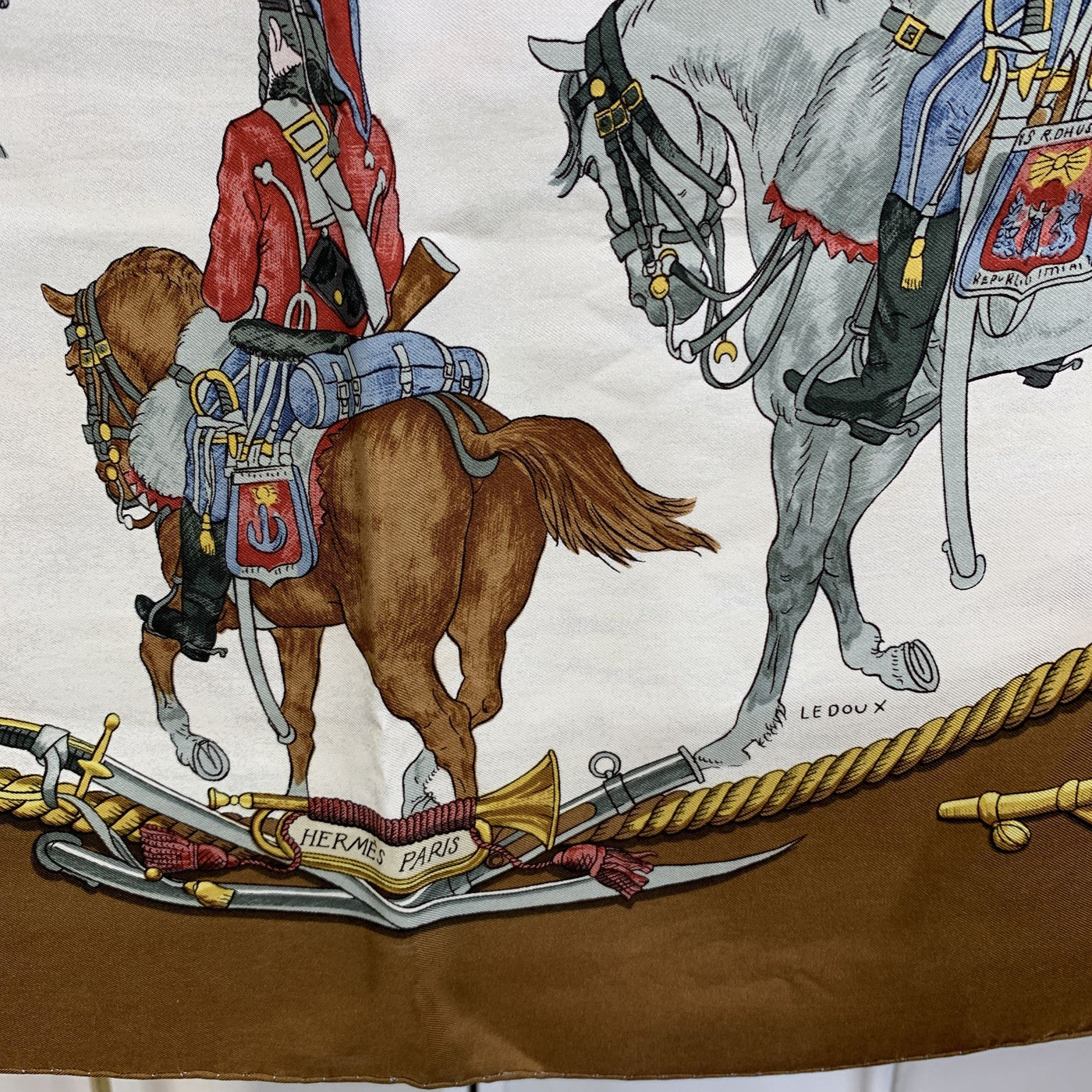 Hermes Vintage Brown Silk Scarf Marine et Cavalerie 1967 Ledoux