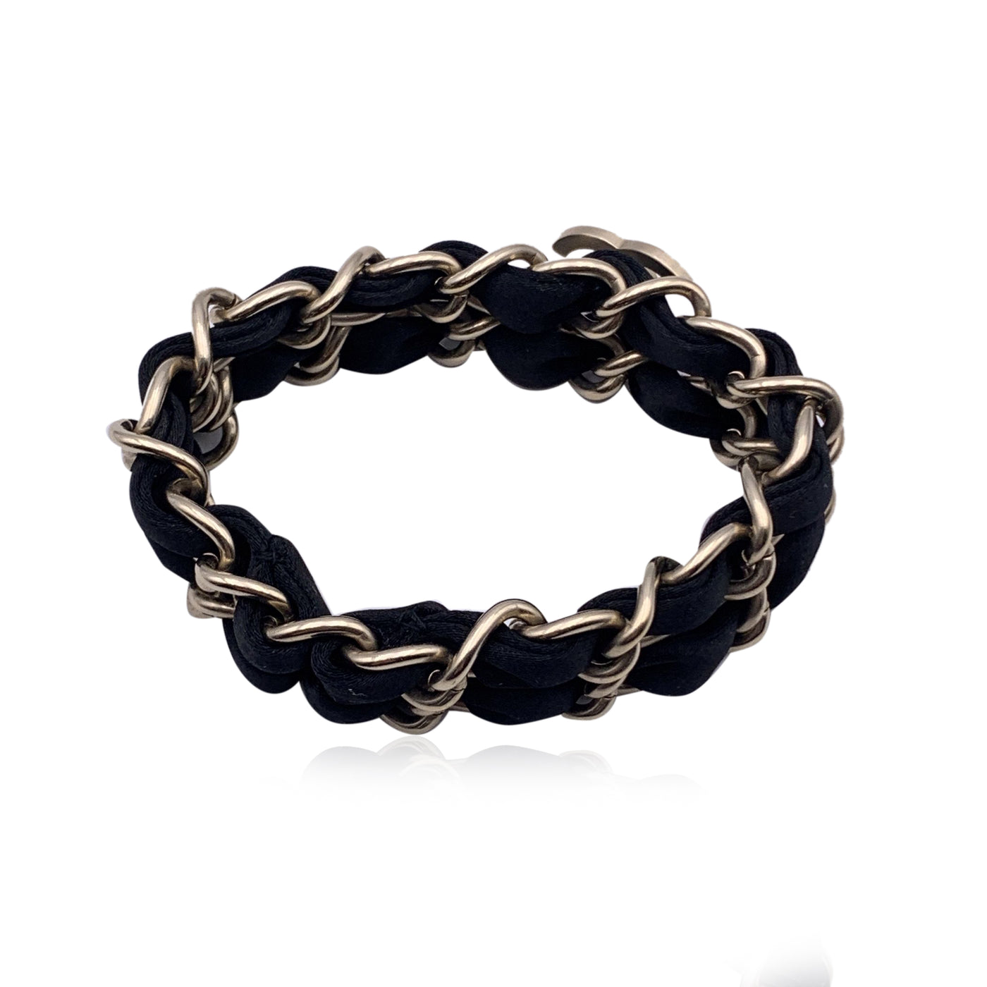 Chanel Gold Metal and Black Ribbon Double Chain CC Logo Bracelet