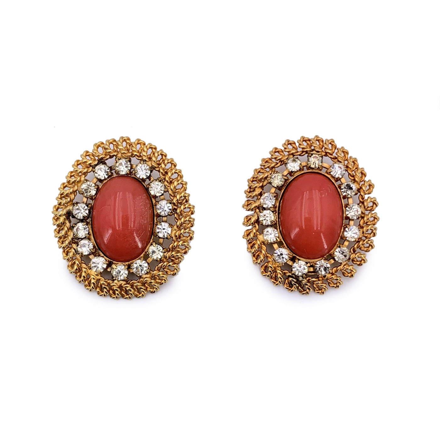 Gianfranco Ferre Vintage Gold Metal Oval Cabochon Clip On Earrings