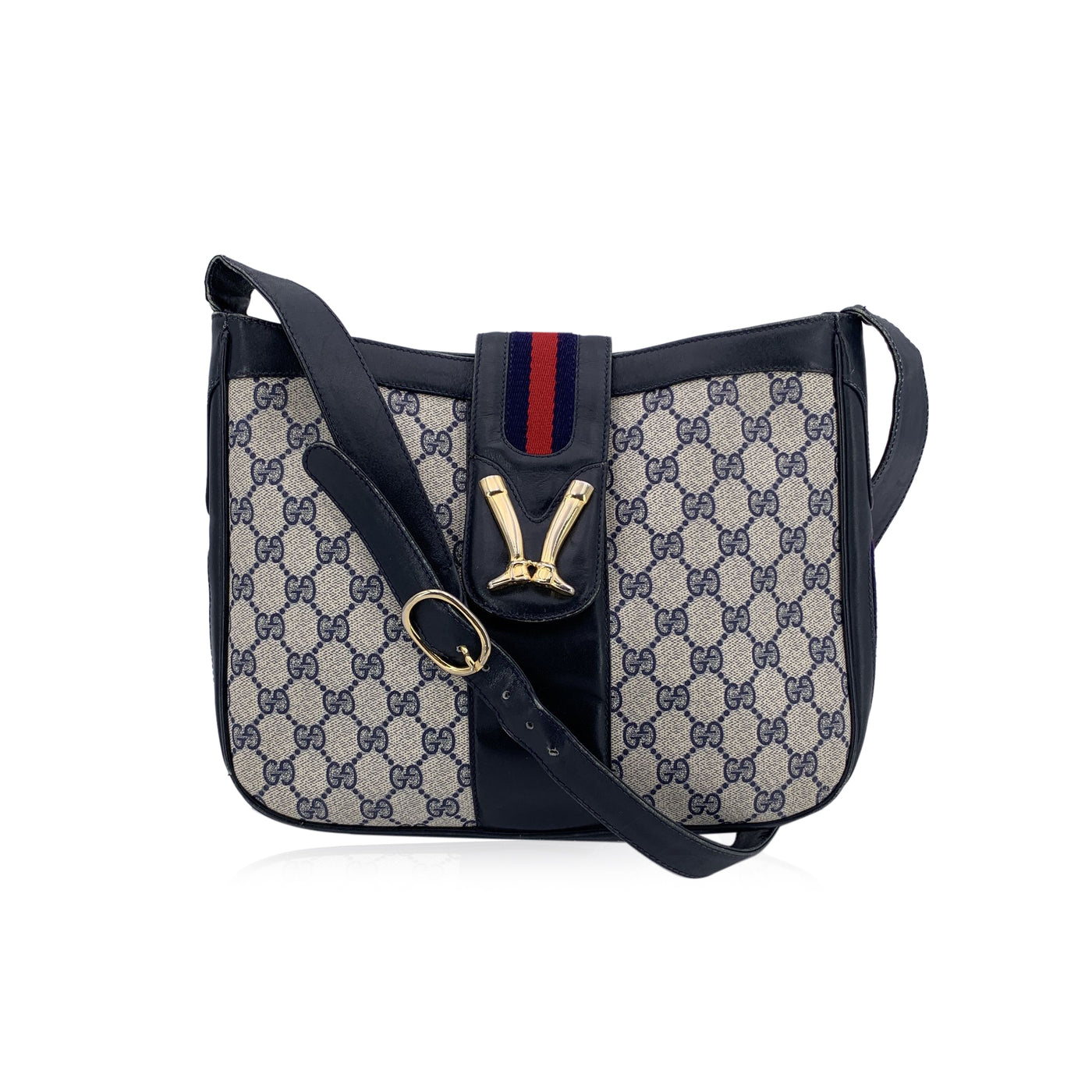 Gucci Vintage Navy Blue Monogram Canvas Shoulder Bag Tote