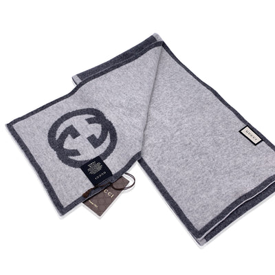 Gucci Grey Cashmere Unisex GG Logo Scarf 23 x 180 cm