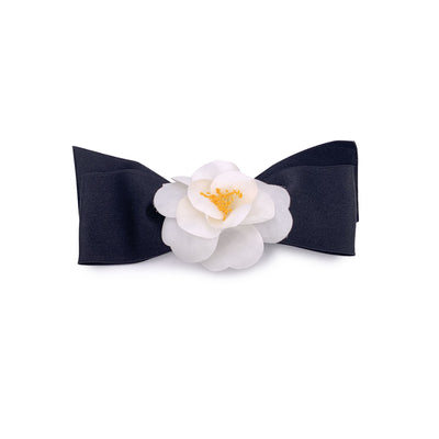 Chanel Vintage White Silk Black Satin Bow Camellia Camelia Brooch