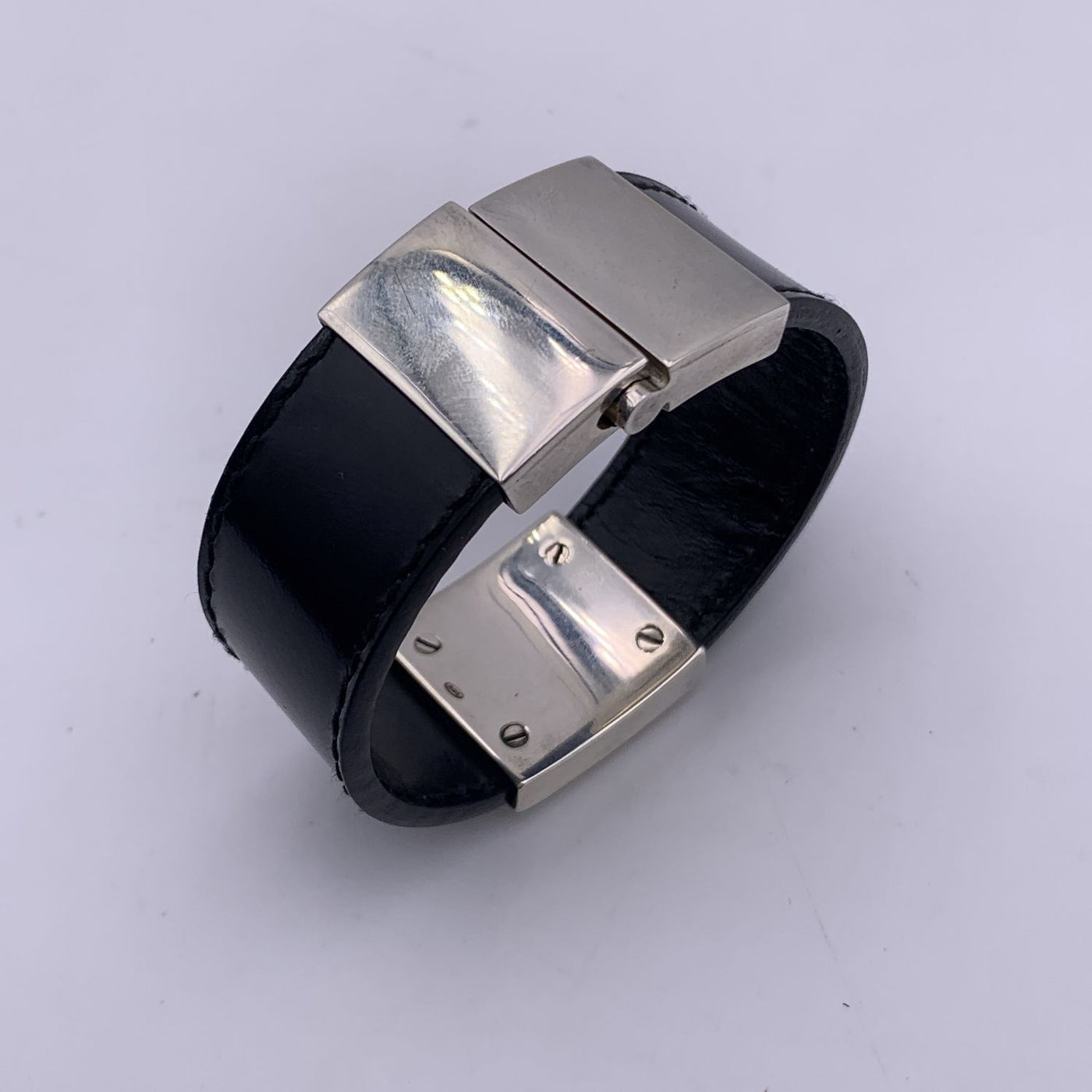 Gucci Black Leather Sterling Silver 925 Bangle Cuff Bracelet