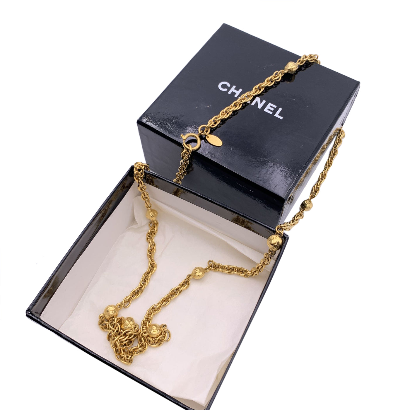 Chanel Vintage Gold Metal Chain Necklace with Metal Ball Beads 1980s