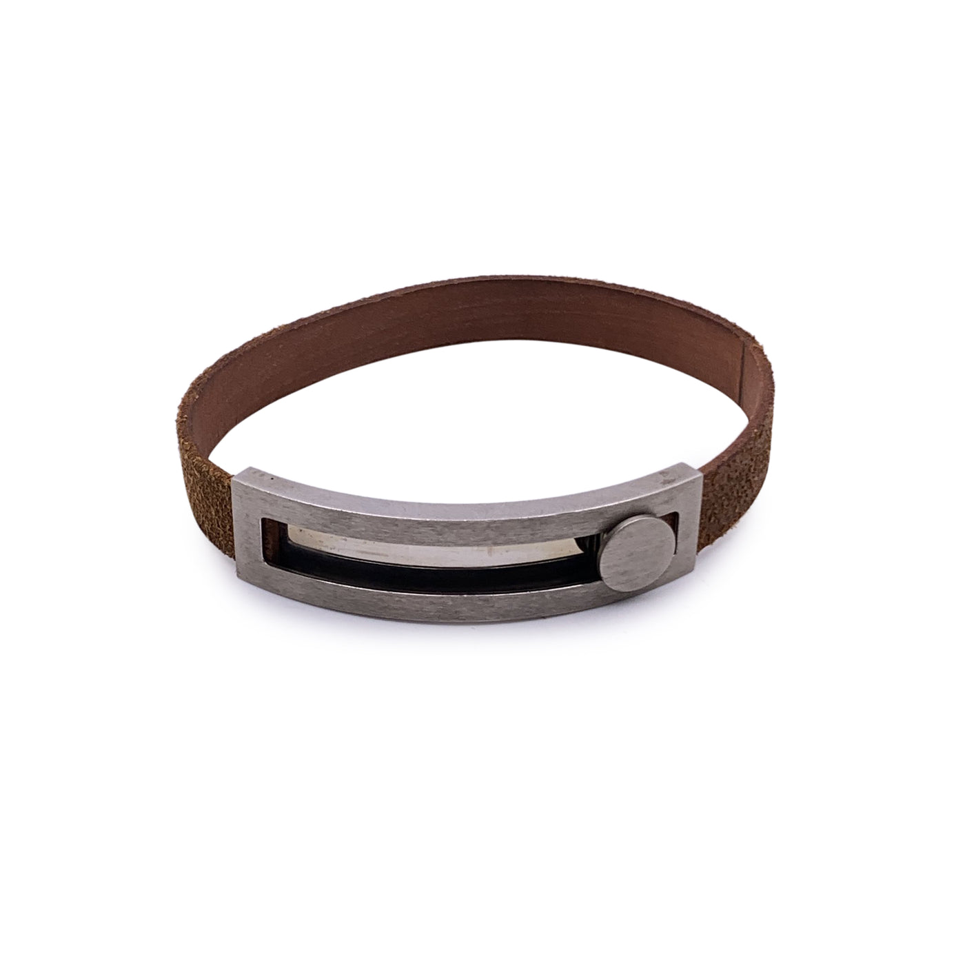 Hermes Paris Brown Leather Pousse Pousse Bracelet Silver Metal