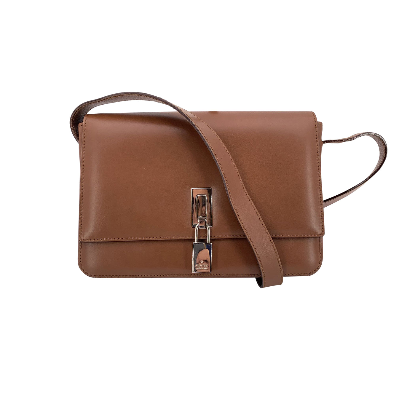 Gucci Brown Leather Box Padlock Shoulder Bag Handbag