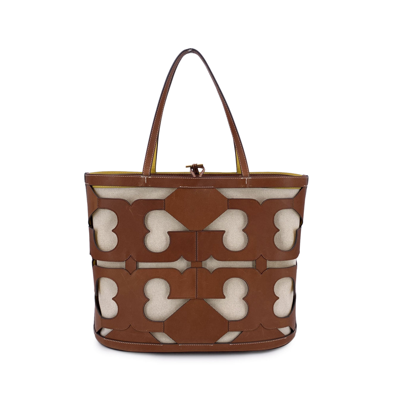 Tory Burch Brown Cut Out Logo Leather and Canvas Ella Tote Bag