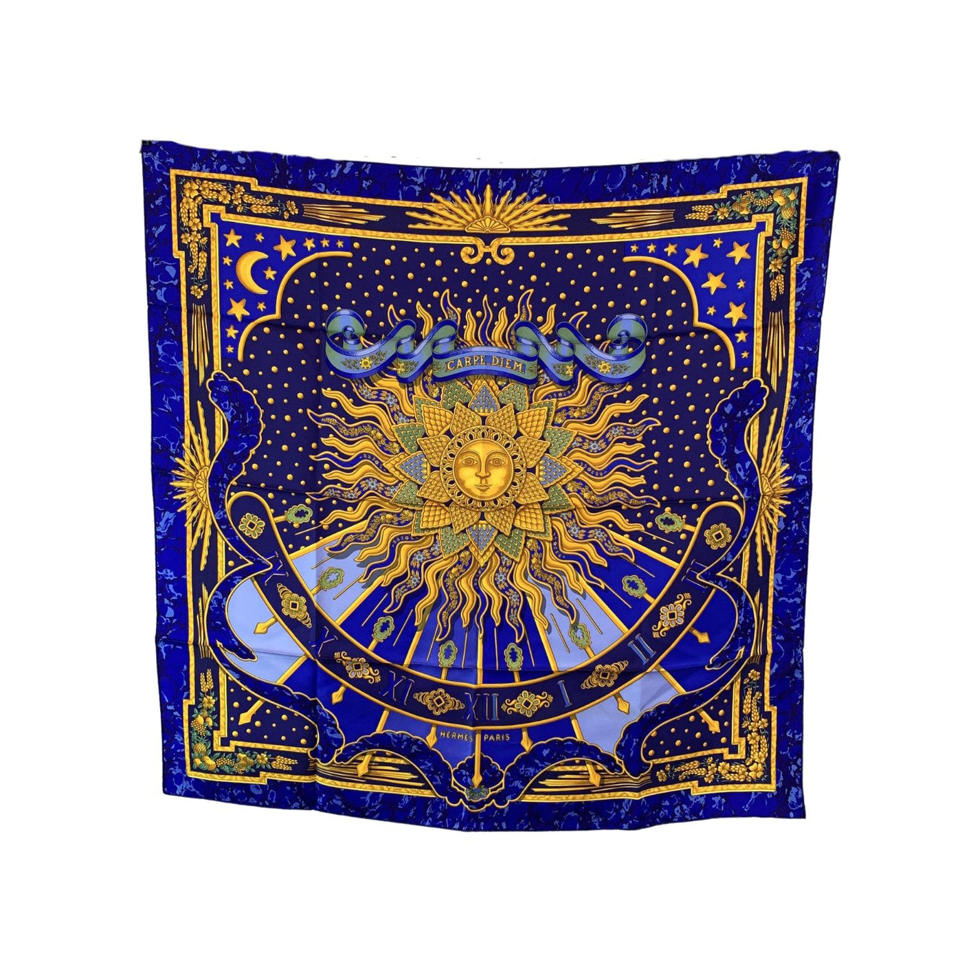 Hermes Vintage Blue Silk Scarf Carpe Diem 1994 Joachim Metz