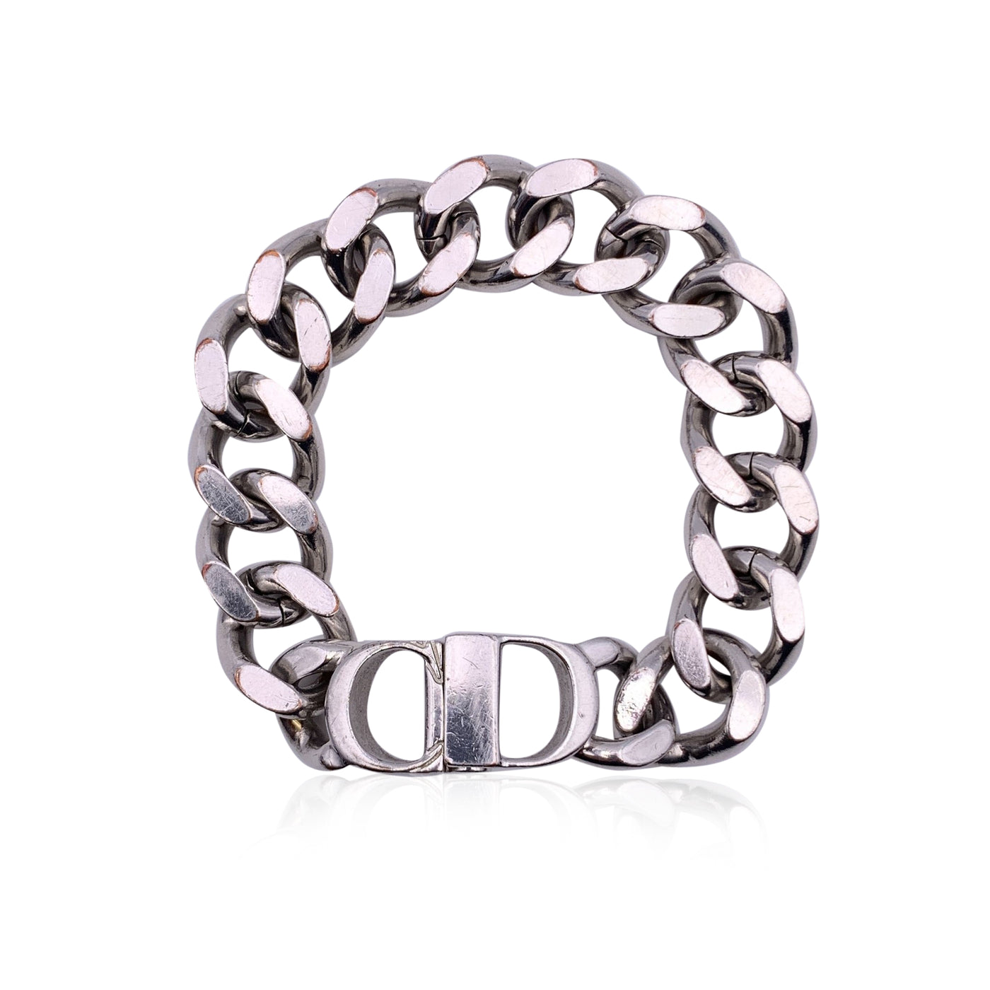 Christian Dior Silver Metal Cuban Chain Link CD Logo Bracelet