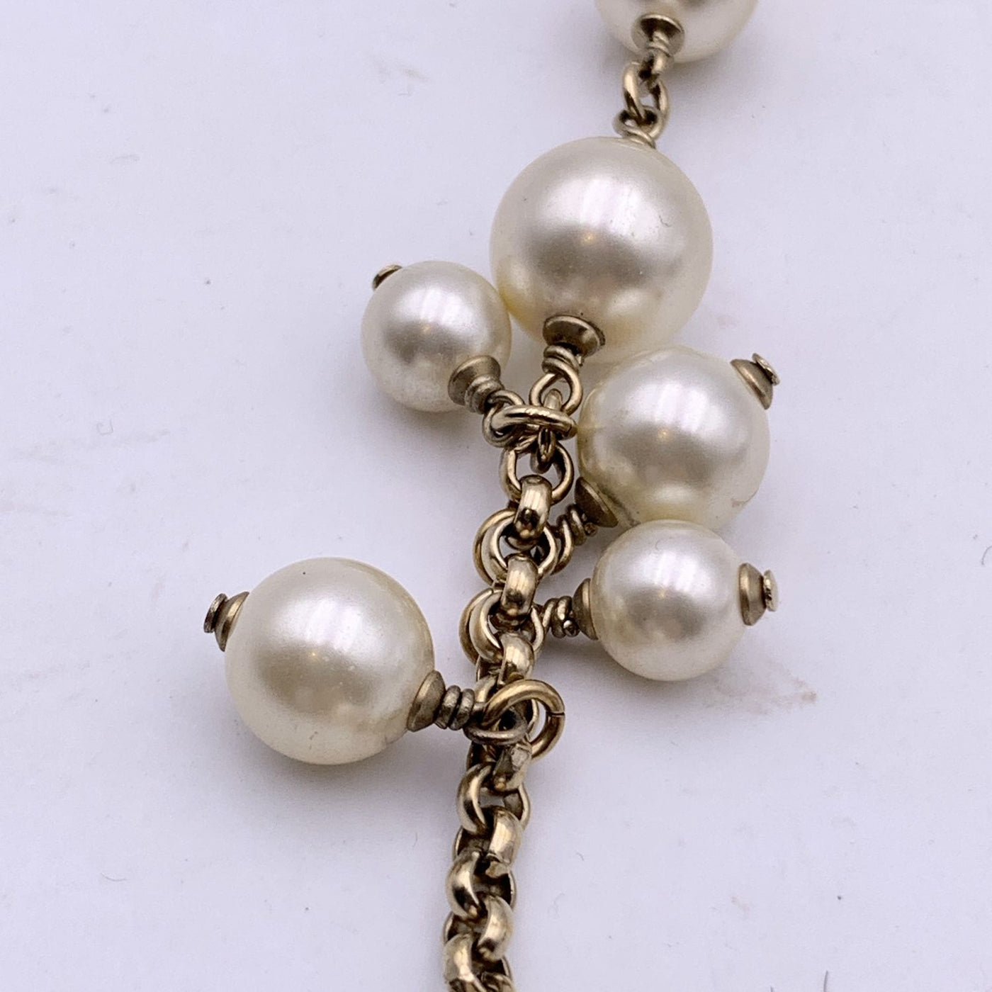 Chanel Light Gold Metal CC Logo Chain Long Necklace Pearls Beads