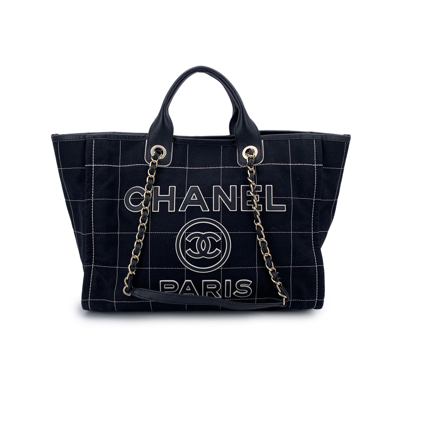 Chanel Black Cotton Square Stitching Deauville Tote Shoulder Bag