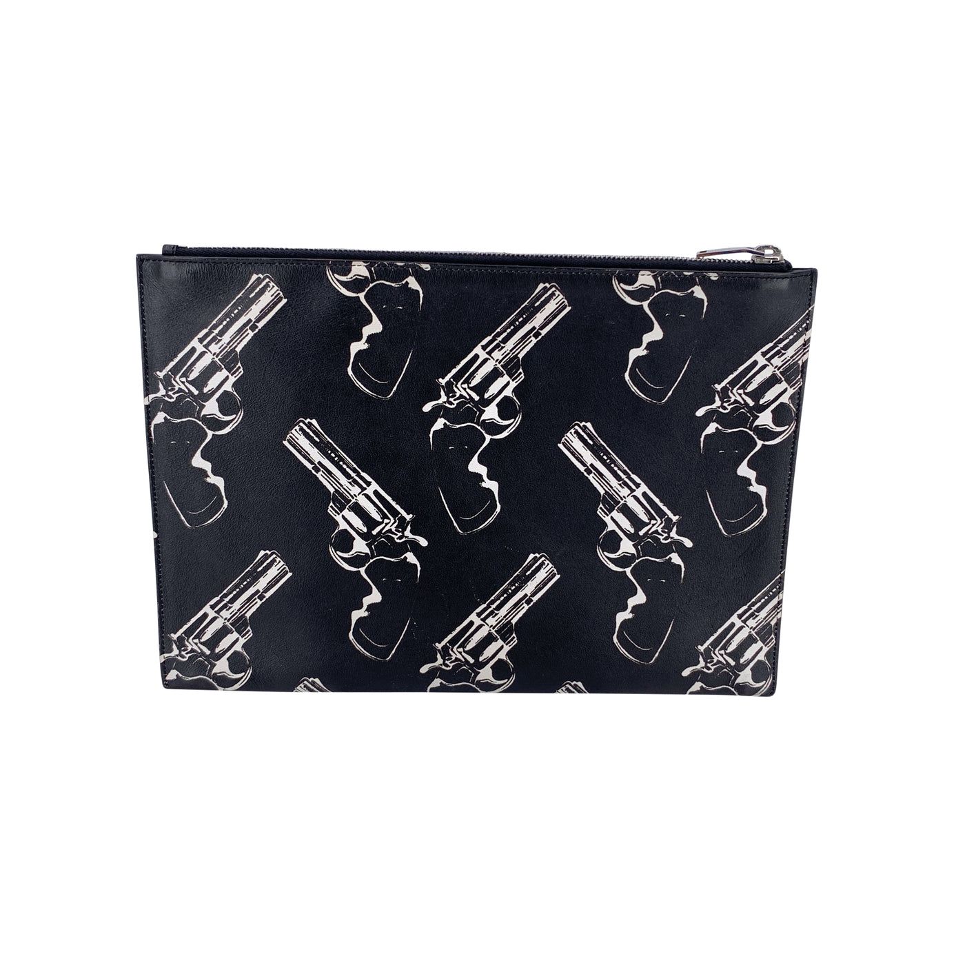 Saint Laurent Black Pop Print Leather Zip Clutch Bag Purse
