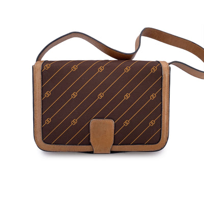 Gucci Vintage Brown Logo Canvas GG Tan Leather Shoulder Bag