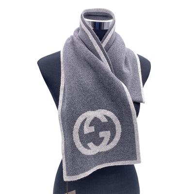 Gucci Grey Cashmere Unisex GG Logo Scarf 23 x 180 cm