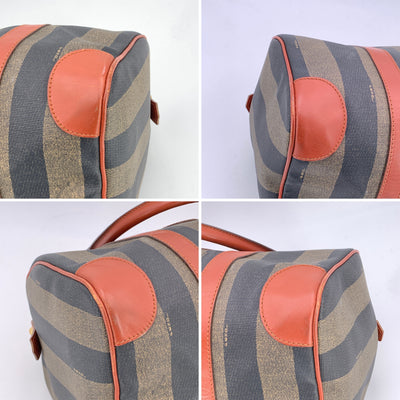 Fendi Vintage Pequin Striped Canvas Brown Leather Boston Bag